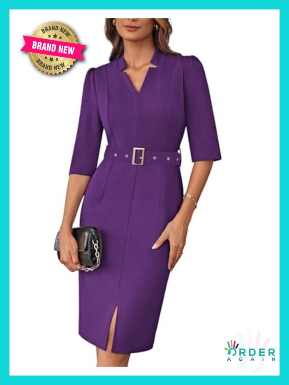 Women's Work Dress 3/4 Sleeve V Neck Bodycon Midi Sheath with Belt